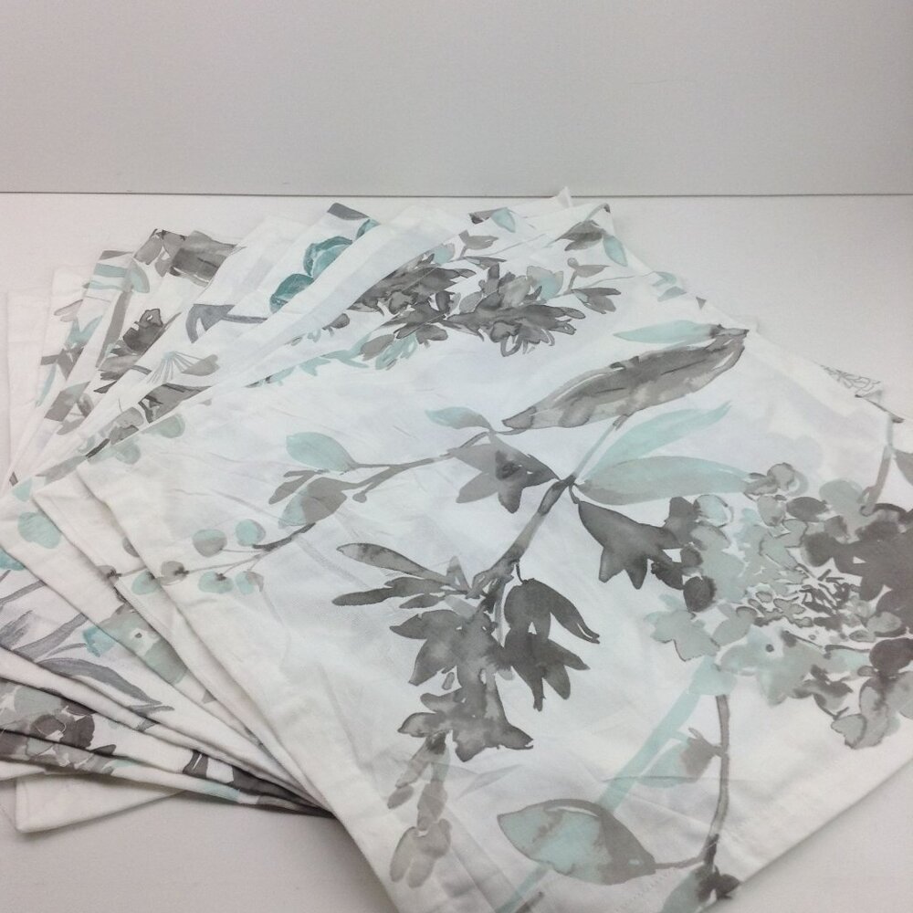 Fifth Avenue Set 10 Floral Fabric Square Cloth Napkins 20"x20" Green Gray White